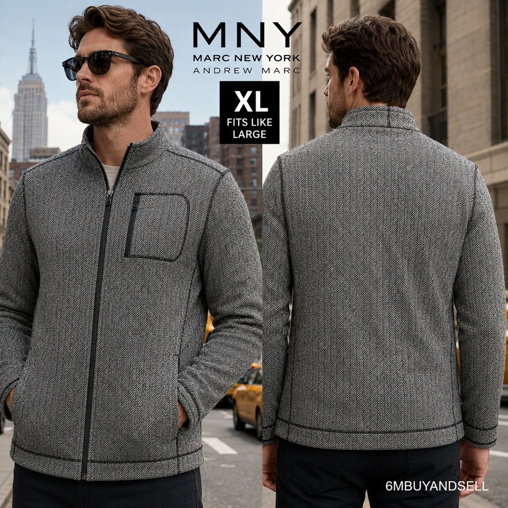 Marc New York Andrew Marc Mens XL Herringbone Full Zip Jacket Grey Mock Neck L